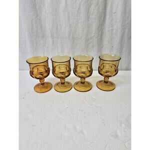 Indiana Glass Colony Thumbprint Kings Crown Amber Goblets MCM 4.5" Set Of 4